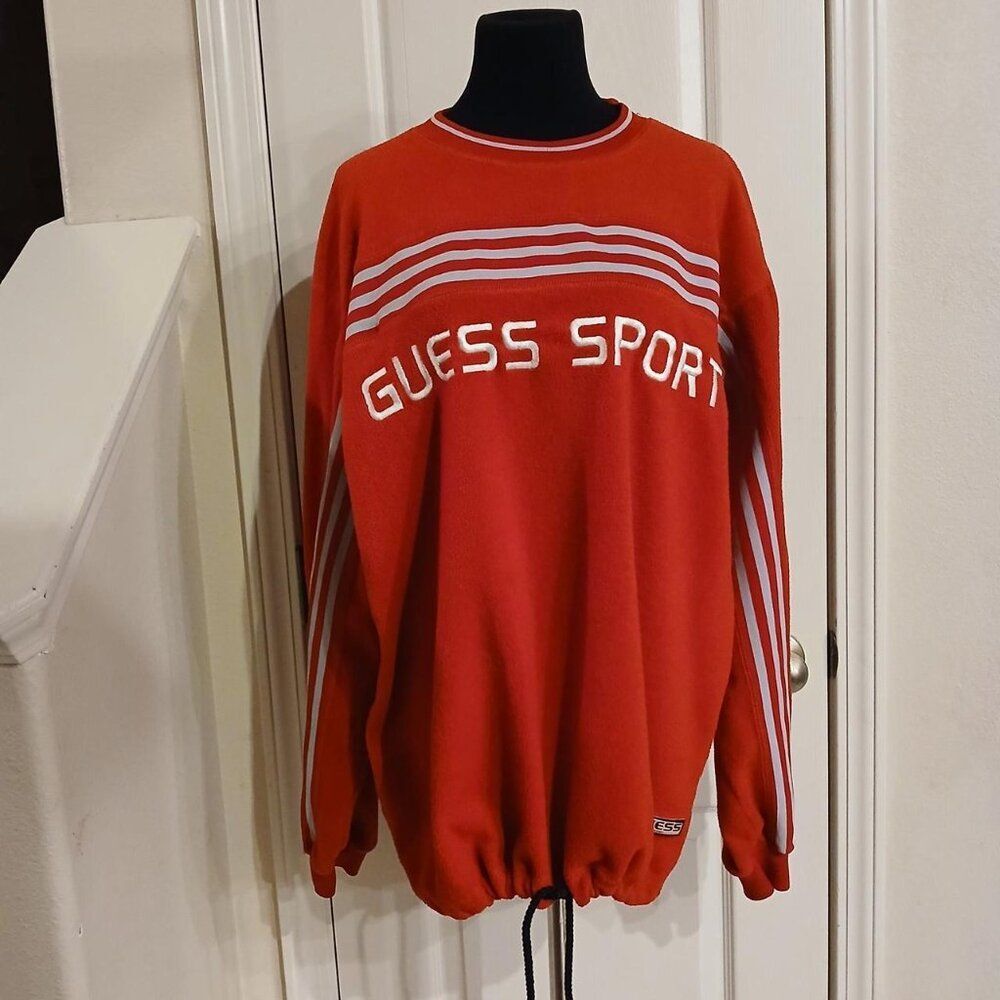 Rare Y2K 90s Vintage Guess Sport USA Red Striped Crewneck Fleece Sweatshirt XL